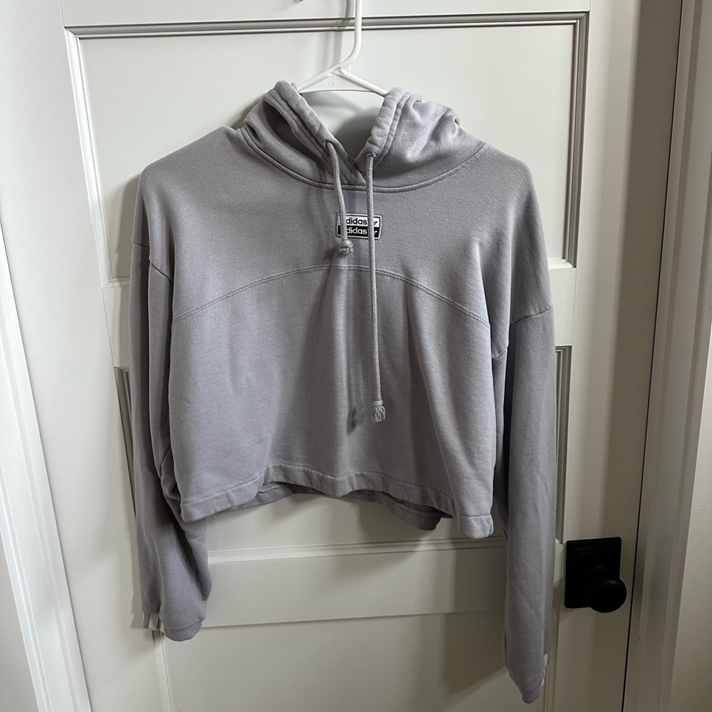adidas Light Gray Cropped Hoodie with Drawstring